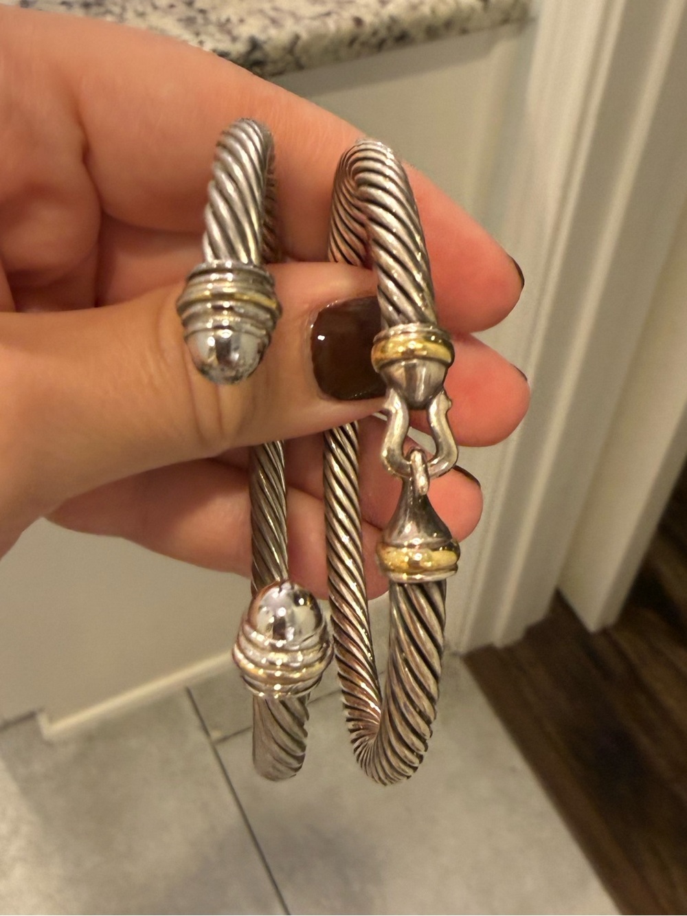 2 David Yurman Two-Tone Twisted Cable Cuffs in Silver and Gold Accents